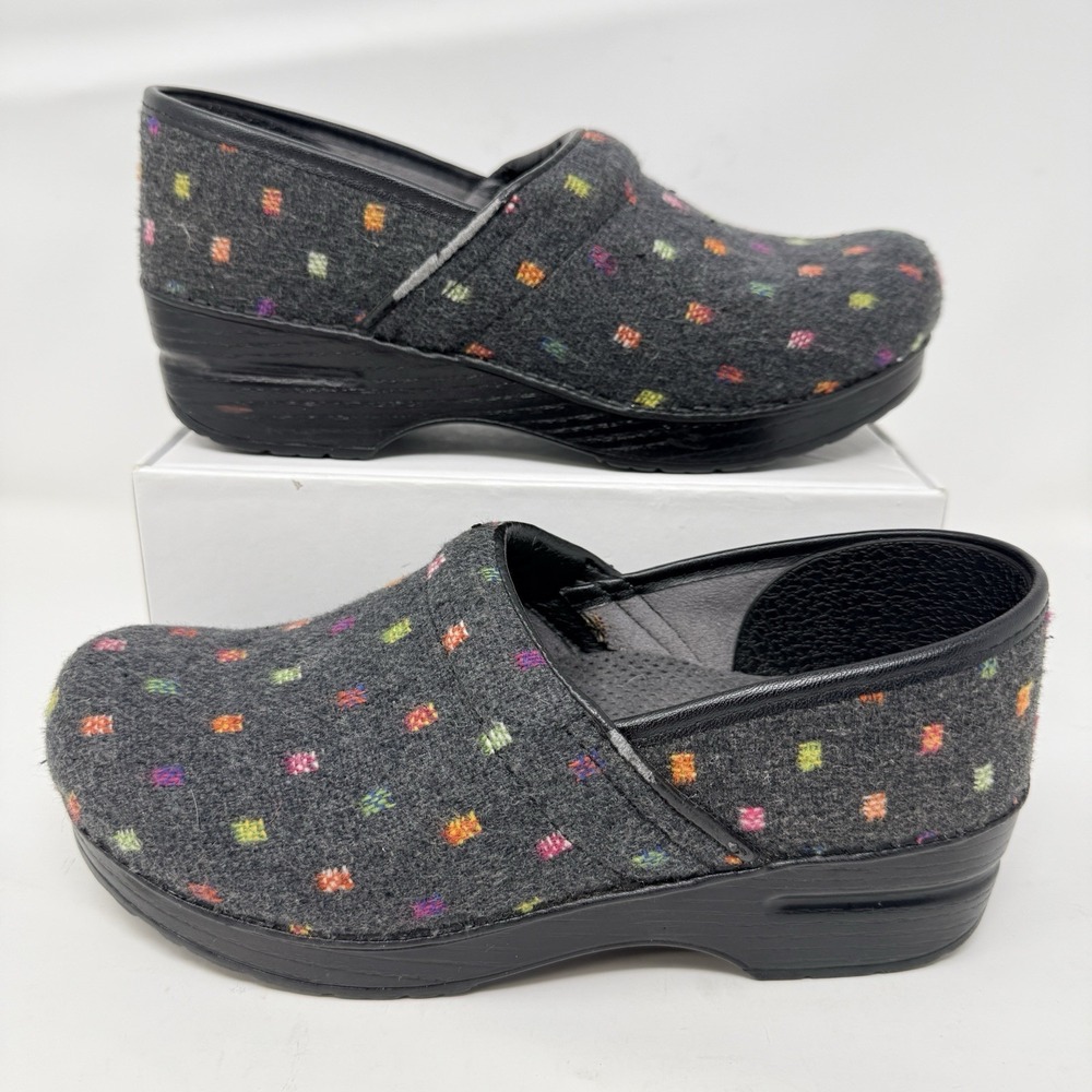 Dansko Pro Felt Vegan Clogs EU 38 US‎ 7.5 - 8 Charcoal Multi Polka Dot Comfort